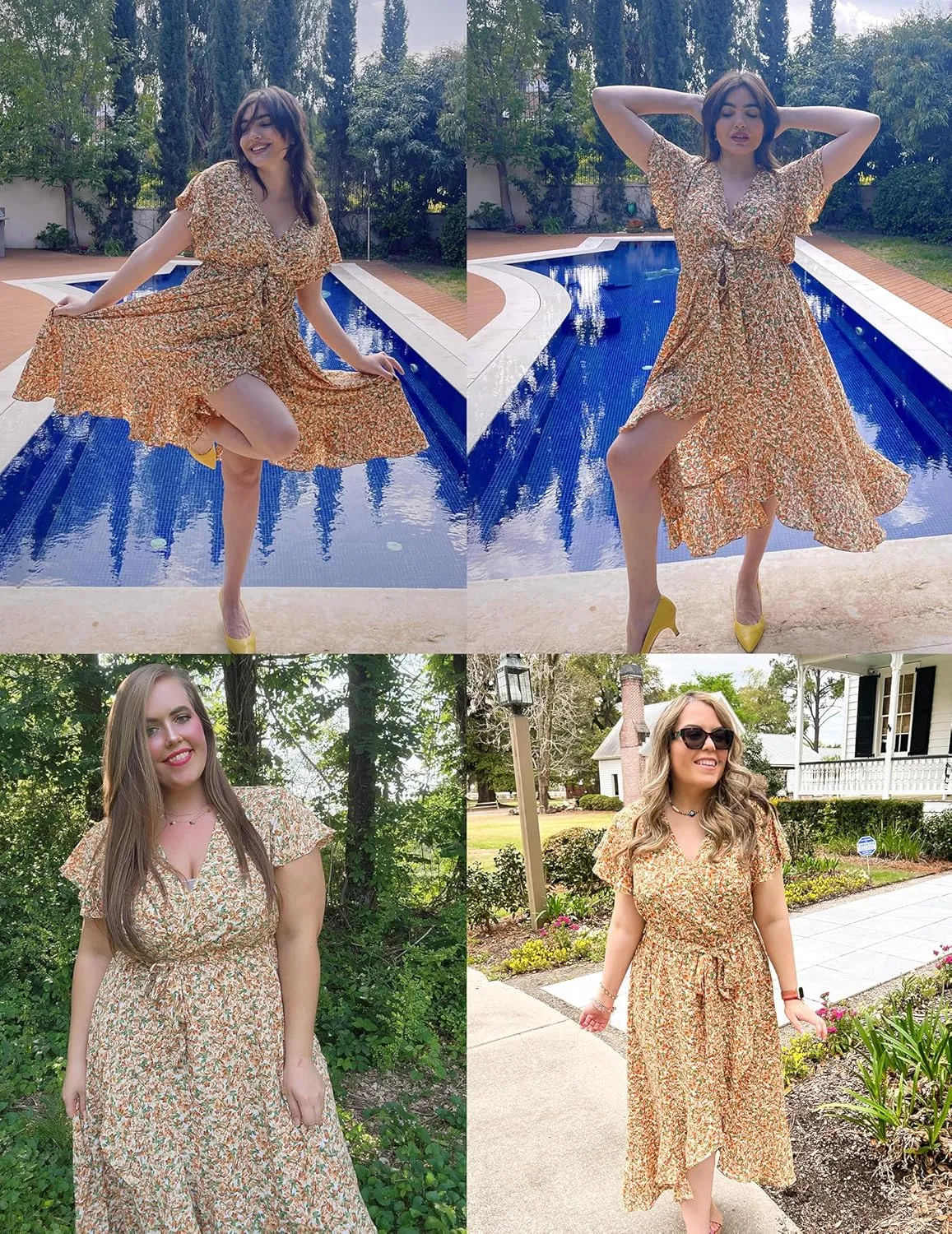IN'VOLAND Plus Size Womens Floral Summer Dress Casual Wrap V Neck Short Sleeve Belted Beach Bohemian Maxi Dress