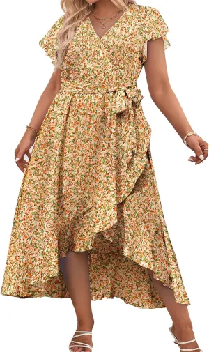 IN'VOLAND Plus Size Womens Floral Summer Dress Casual Wrap V Neck Short Sleeve Belted Beach Bohemian Maxi Dress