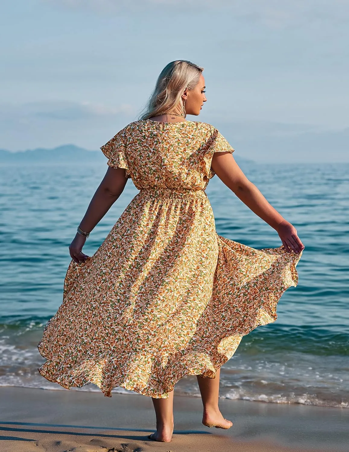 IN'VOLAND Plus Size Womens Floral Summer Dress Casual Wrap V Neck Short Sleeve Belted Beach Bohemian Maxi Dress