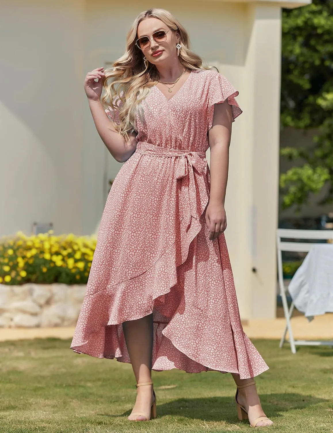 IN'VOLAND Plus Size Womens Floral Summer Dress Casual Wrap V Neck Short Sleeve Belted Beach Bohemian Maxi Dress