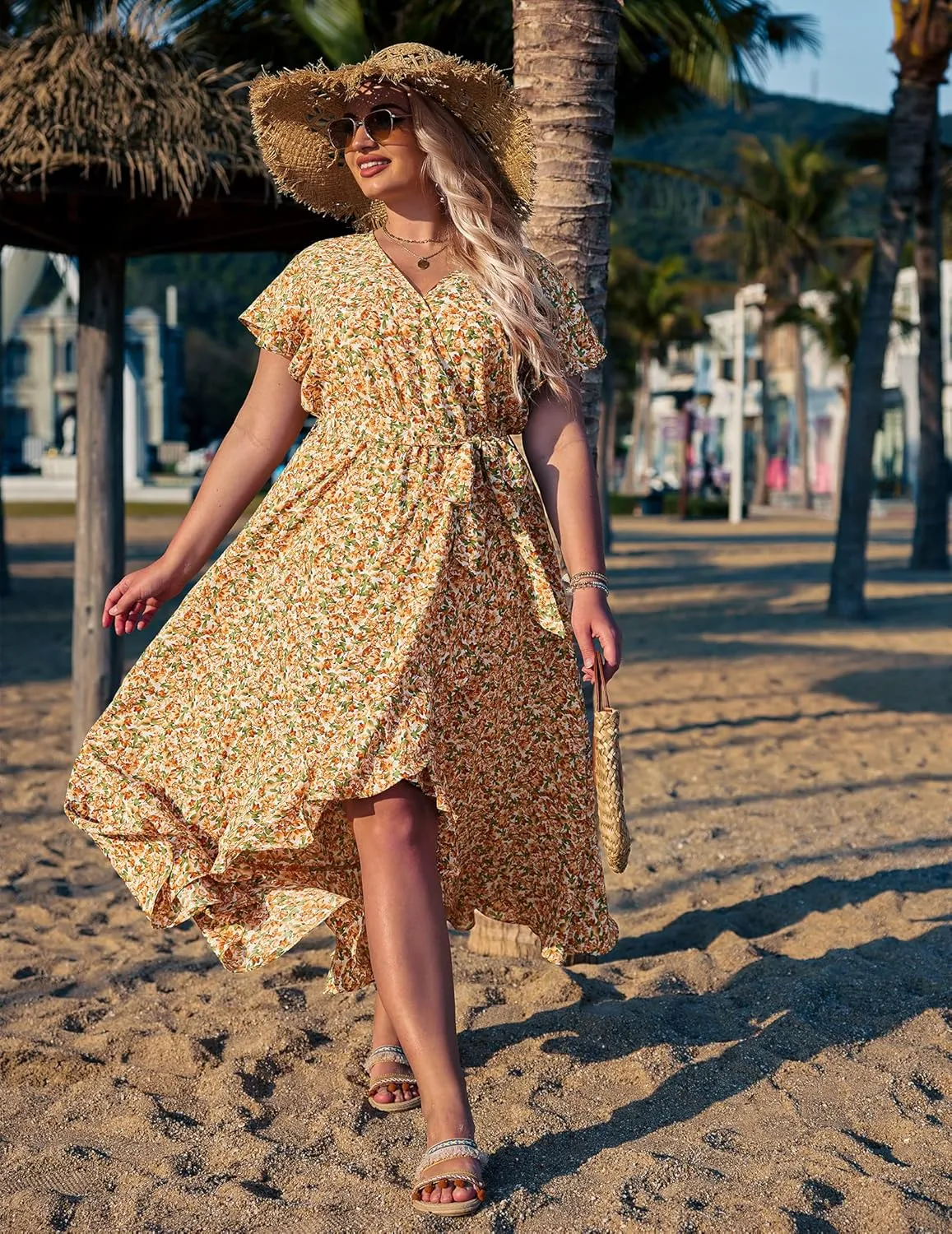 IN'VOLAND Plus Size Womens Floral Summer Dress Casual Wrap V Neck Short Sleeve Belted Beach Bohemian Maxi Dress
