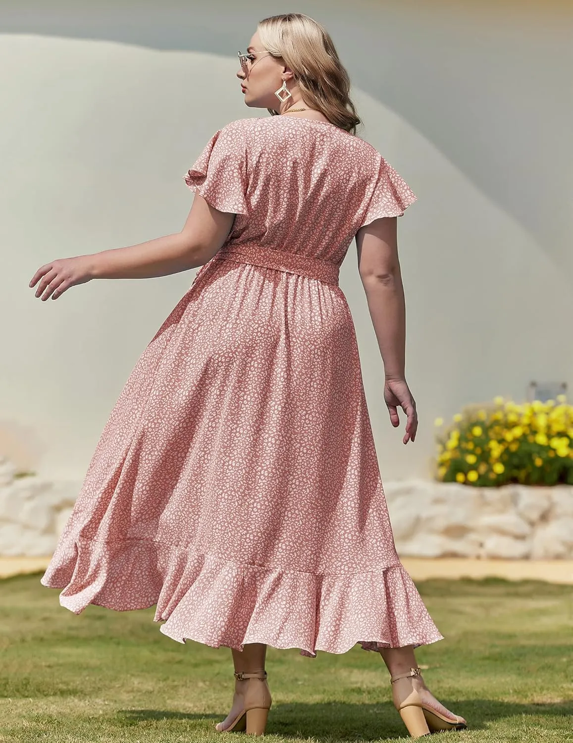 IN'VOLAND Plus Size Womens Floral Summer Dress Casual Wrap V Neck Short Sleeve Belted Beach Bohemian Maxi Dress