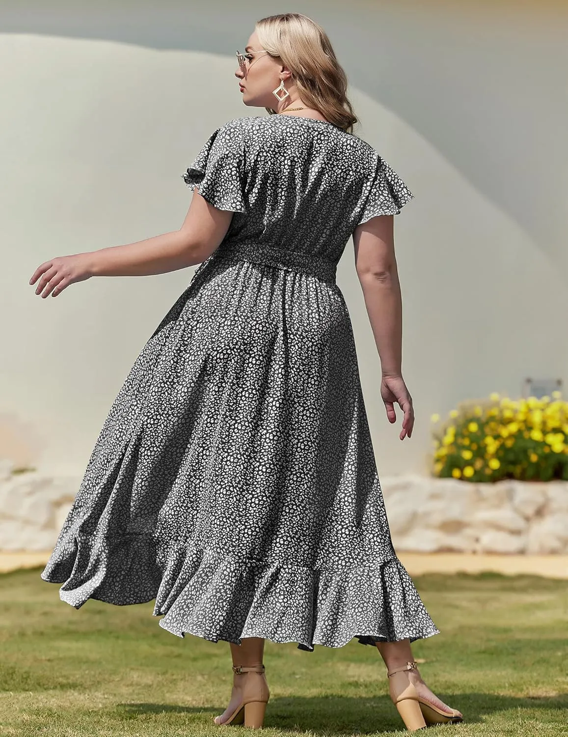 IN'VOLAND Plus Size Womens Floral Summer Dress Casual Wrap V Neck Short Sleeve Belted Beach Bohemian Maxi Dress