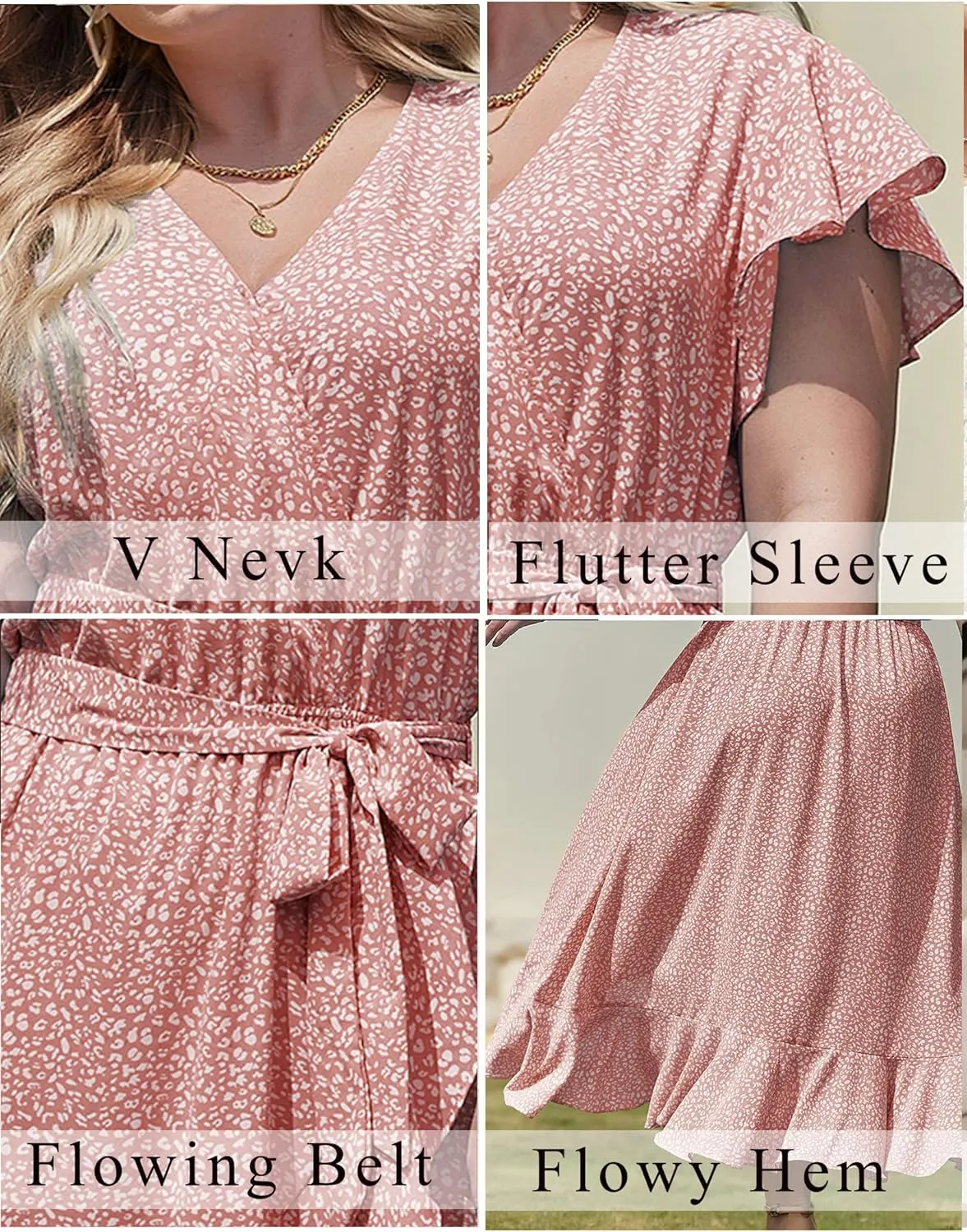 IN'VOLAND Plus Size Womens Floral Summer Dress Casual Wrap V Neck Short Sleeve Belted Beach Bohemian Maxi Dress