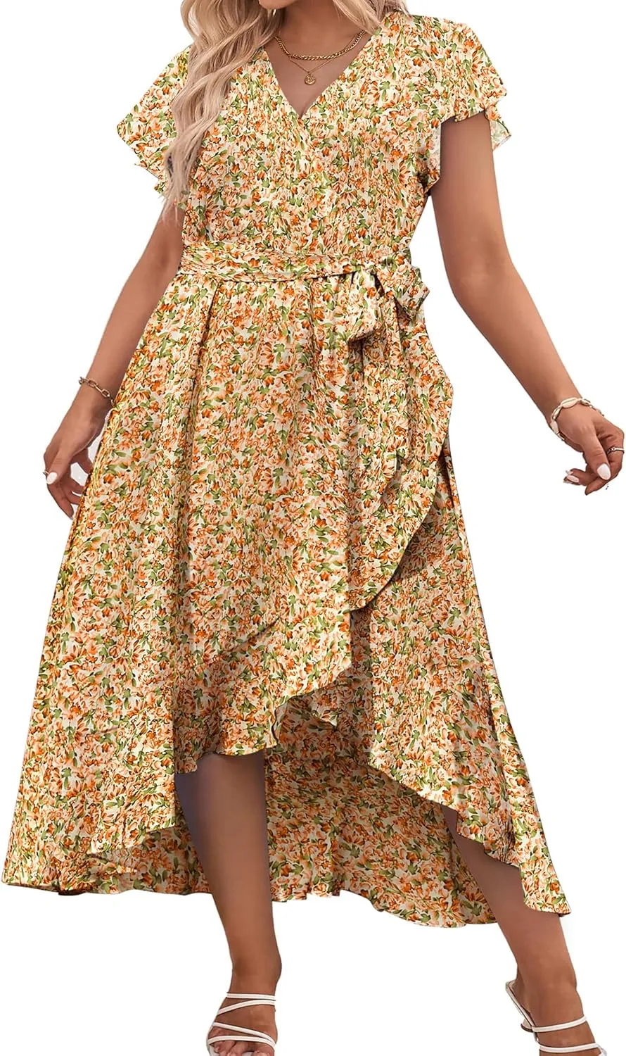 IN'VOLAND Plus Size Womens Floral Summer Dress Casual Wrap V Neck Short Sleeve Belted Beach Bohemian Maxi Dress