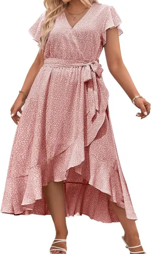 IN'VOLAND Plus Size Womens Floral Summer Dress Casual Wrap V Neck Short Sleeve Belted Beach Bohemian Maxi Dress