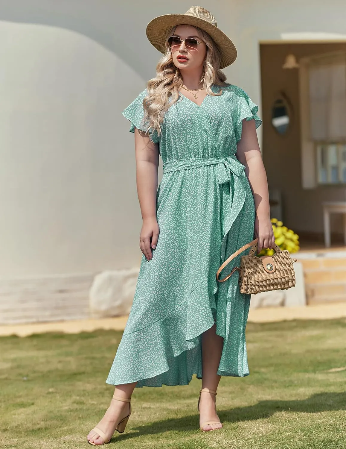 IN'VOLAND Plus Size Womens Floral Summer Dress Casual Wrap V Neck Short Sleeve Belted Beach Bohemian Maxi Dress