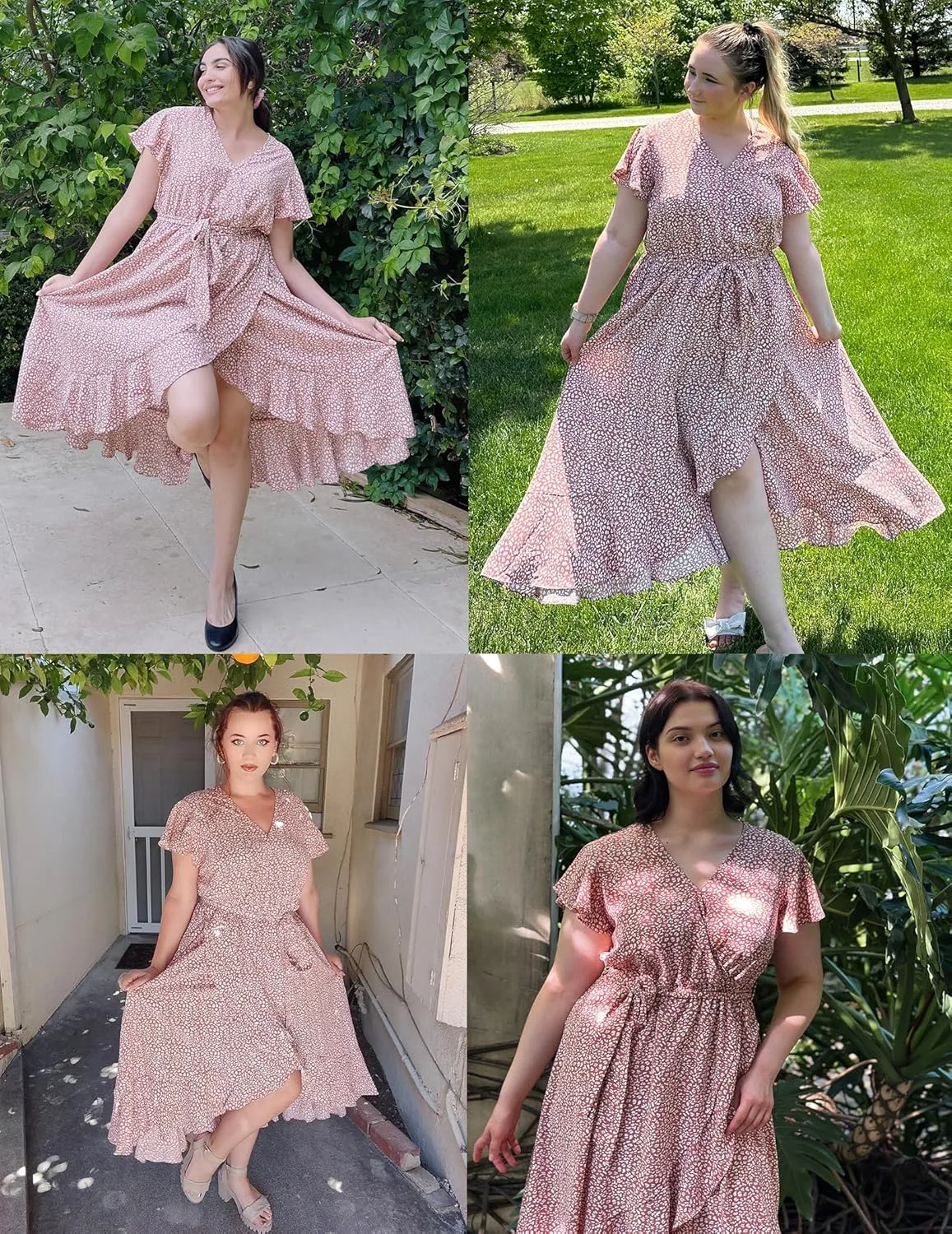 IN'VOLAND Plus Size Womens Floral Summer Dress Casual Wrap V Neck Short Sleeve Belted Beach Bohemian Maxi Dress