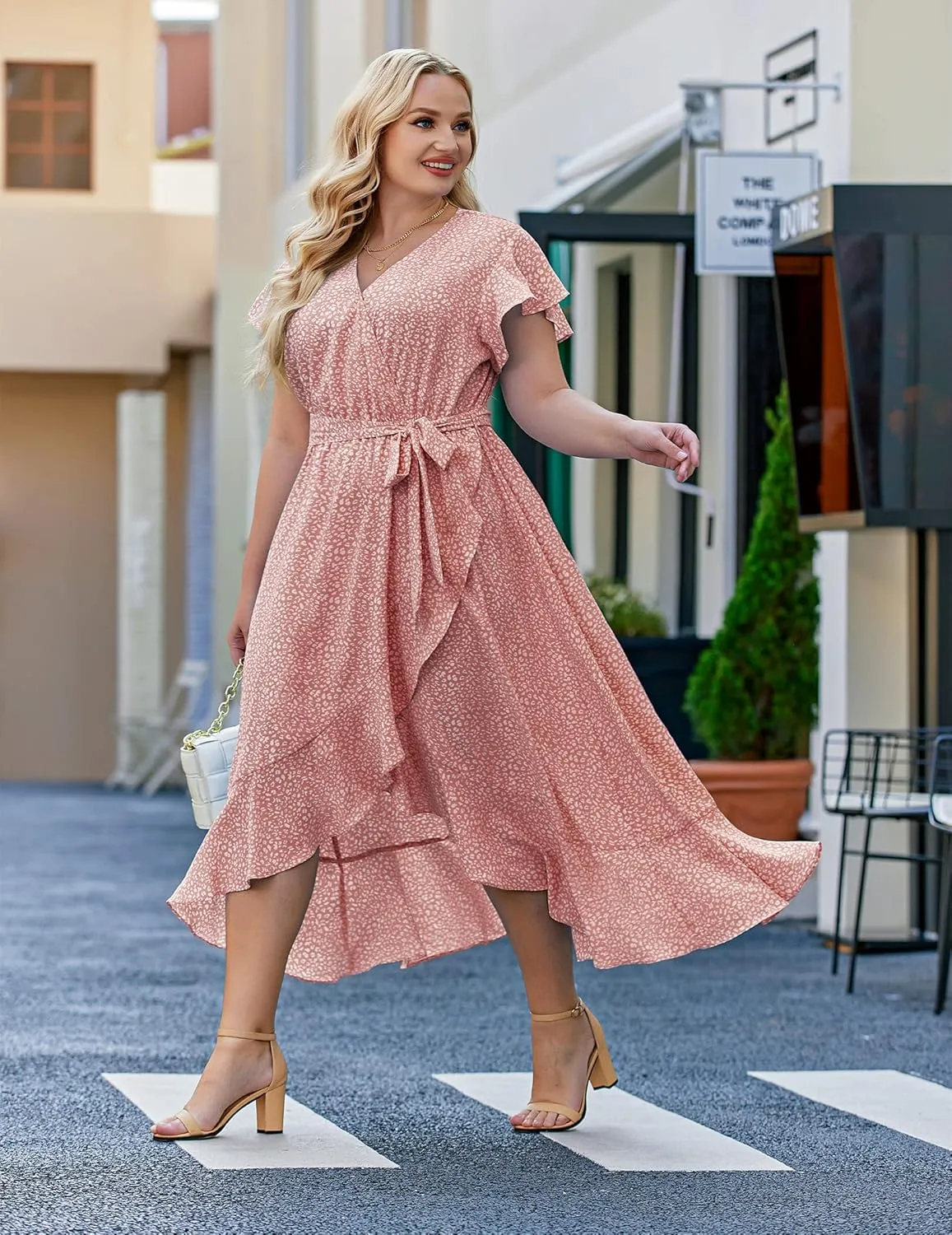 IN'VOLAND Plus Size Womens Floral Summer Dress Casual Wrap V Neck Short Sleeve Belted Beach Bohemian Maxi Dress