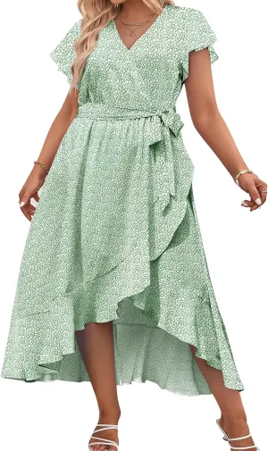 IN'VOLAND Plus Size Womens Floral Summer Dress Casual Wrap V Neck Short Sleeve Belted Beach Bohemian Maxi Dress