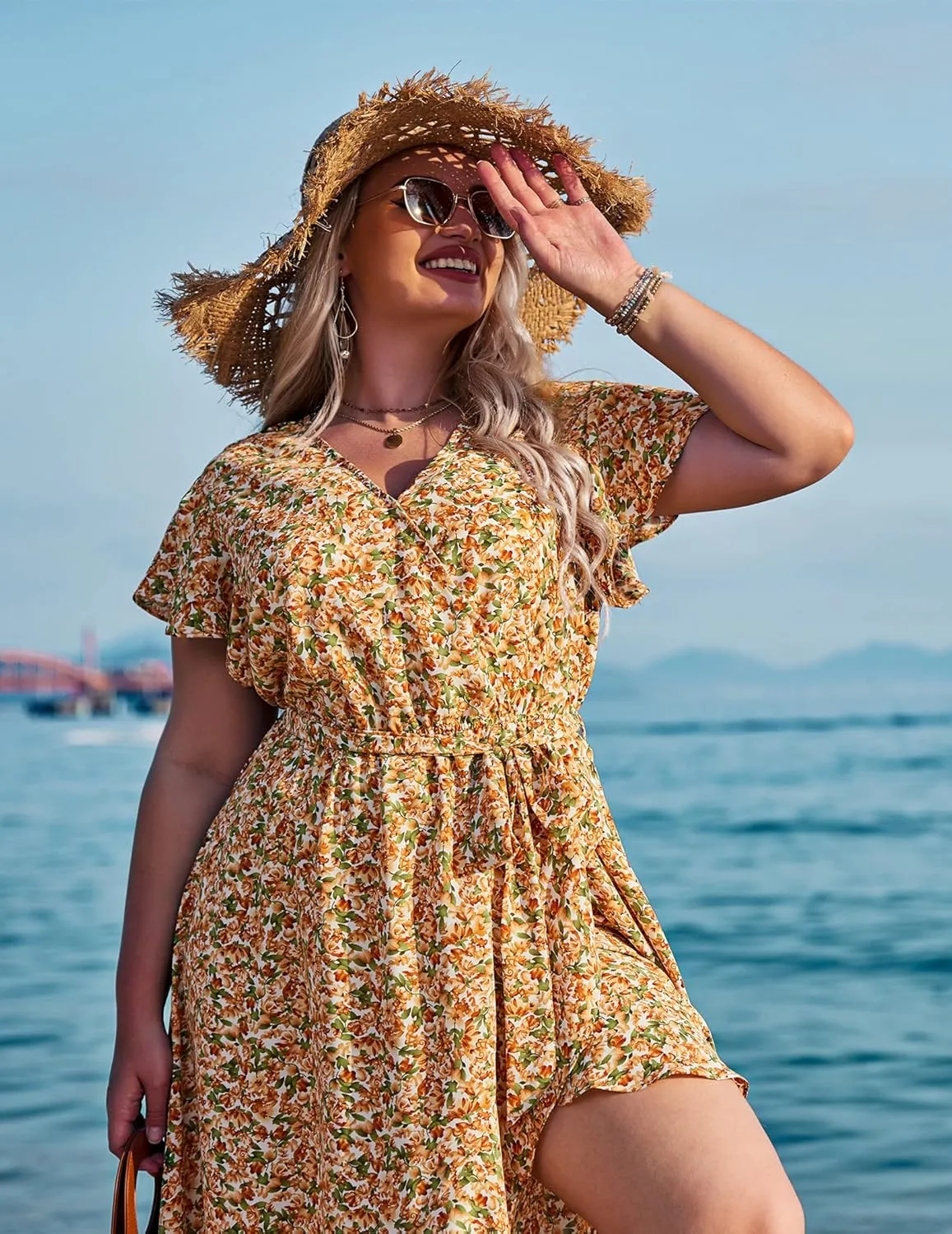 IN'VOLAND Plus Size Womens Floral Summer Dress Casual Wrap V Neck Short Sleeve Belted Beach Bohemian Maxi Dress