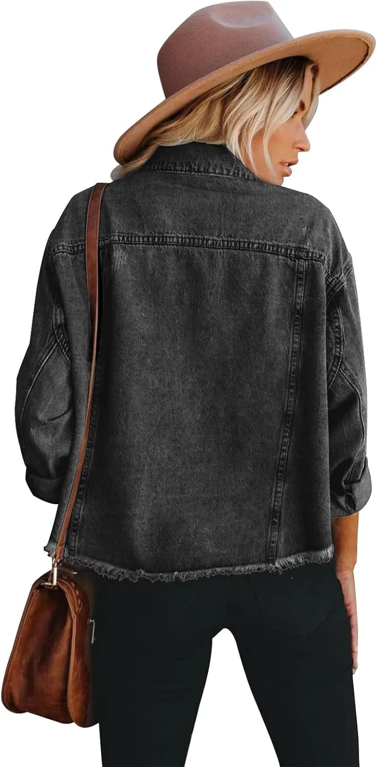 Jayscreate Women's Jean Denim Jacket Pockets Oversized Ripped Short Light Cropped Mini Lightweight Ladies Denim Jacket