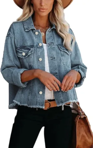 Jayscreate Women's Jean Denim Jacket Pockets Oversized Ripped Short Light Cropped Mini Lightweight Ladies Denim Jacket