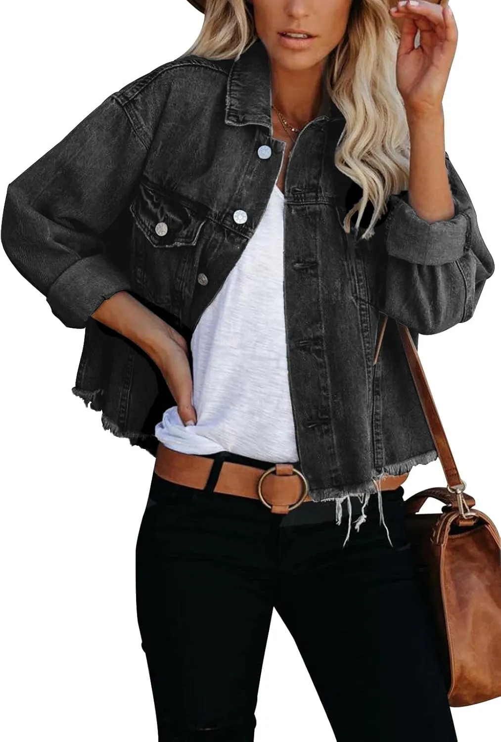 Jayscreate Women's Jean Denim Jacket Pockets Oversized Ripped Short Light Cropped Mini Lightweight Ladies Denim Jacket