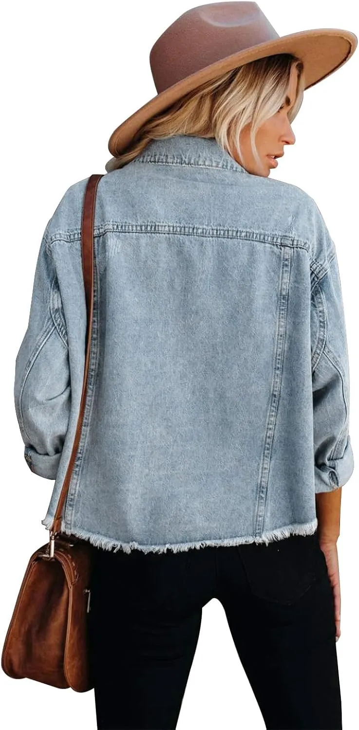 Jayscreate Women's Jean Denim Jacket Pockets Oversized Ripped Short Light Cropped Mini Lightweight Ladies Denim Jacket