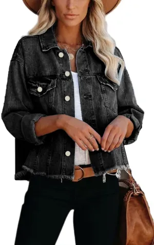 Jayscreate Women's Jean Denim Jacket Pockets Oversized Ripped Short Light Cropped Mini Lightweight Ladies Denim Jacket