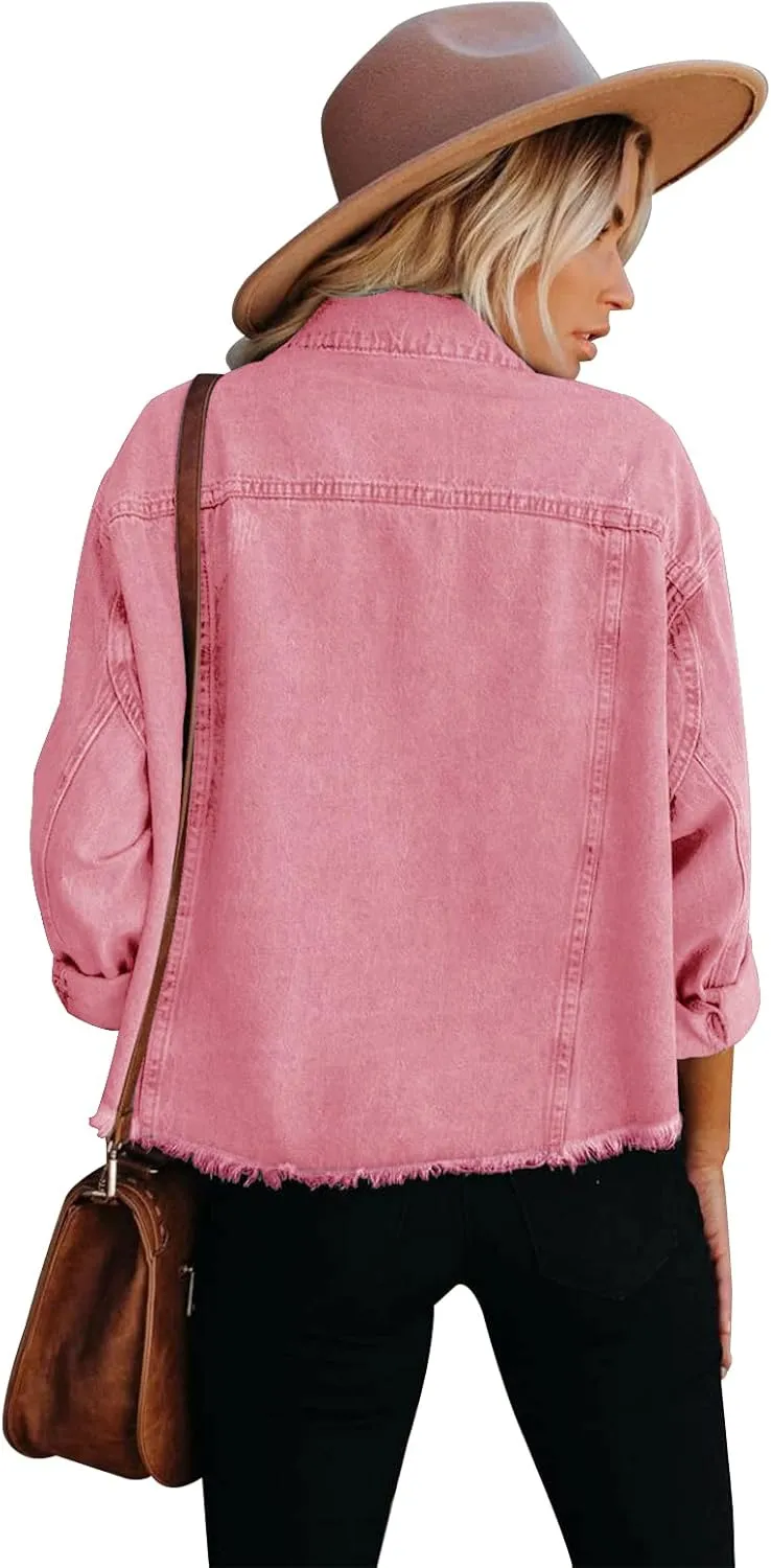 Jayscreate Women's Jean Denim Jacket Pockets Oversized Ripped Short Light Cropped Mini Lightweight Ladies Denim Jacket