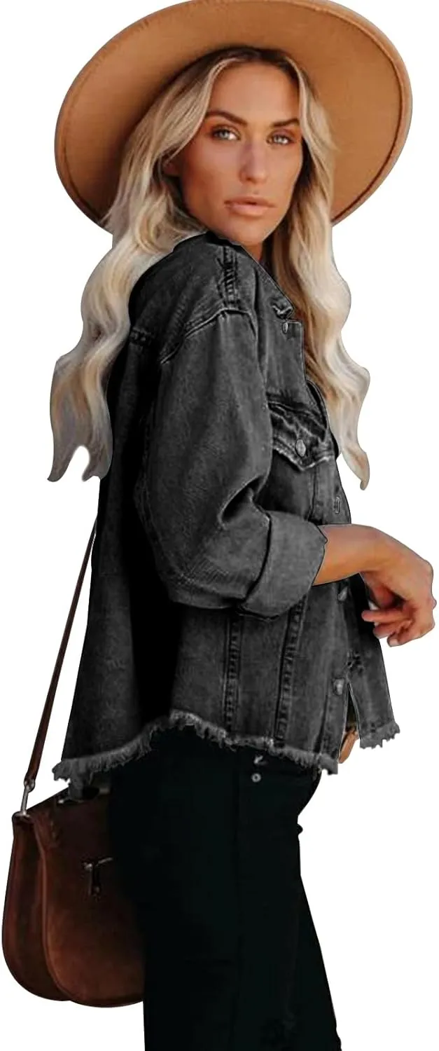 Jayscreate Women's Jean Denim Jacket Pockets Oversized Ripped Short Light Cropped Mini Lightweight Ladies Denim Jacket