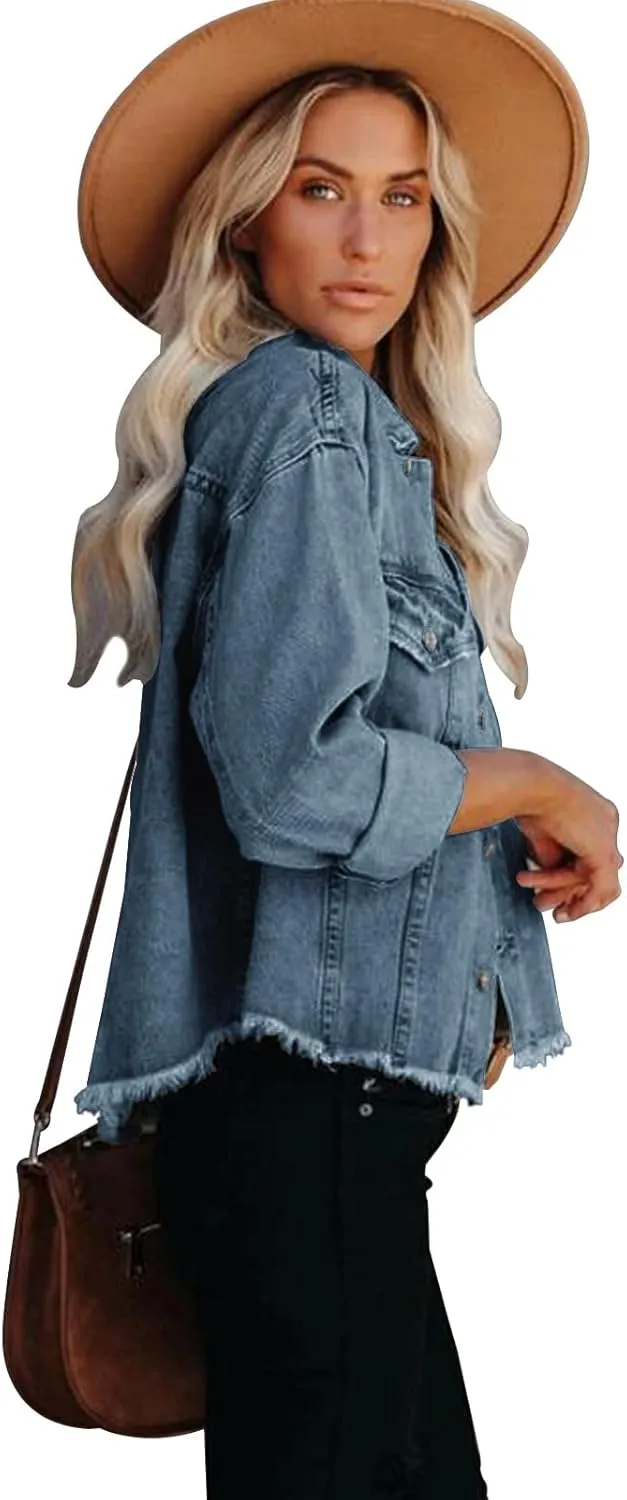 Jayscreate Women's Jean Denim Jacket Pockets Oversized Ripped Short Light Cropped Mini Lightweight Ladies Denim Jacket