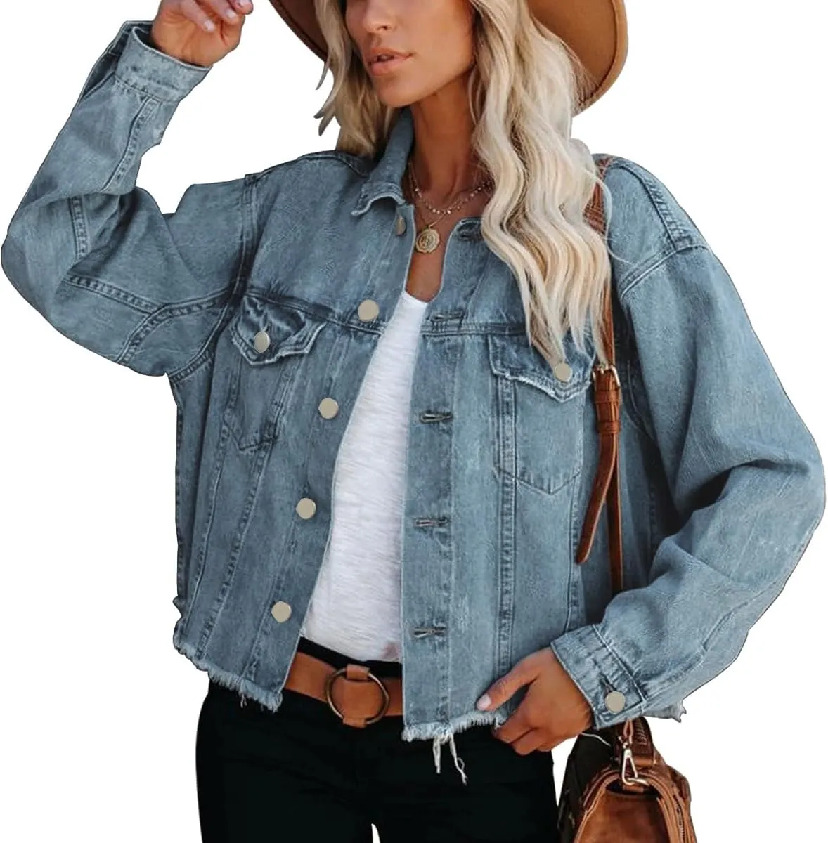 Jayscreate Women's Jean Denim Jacket Pockets Oversized Ripped Short Light Cropped Mini Lightweight Ladies Denim Jacket