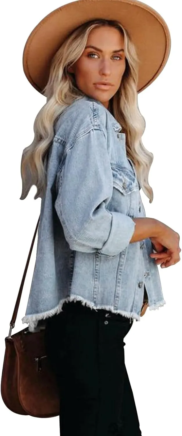 Jayscreate Women's Jean Denim Jacket Pockets Oversized Ripped Short Light Cropped Mini Lightweight Ladies Denim Jacket