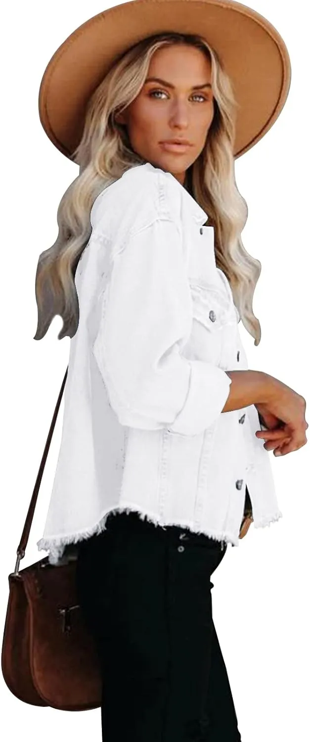 Jayscreate Women's Jean Denim Jacket Pockets Oversized Ripped Short Light Cropped Mini Lightweight Ladies Denim Jacket