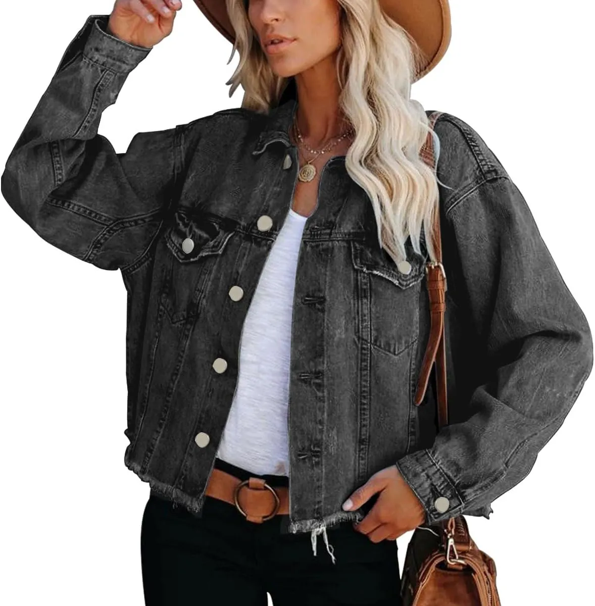 Jayscreate Women's Jean Denim Jacket Pockets Oversized Ripped Short Light Cropped Mini Lightweight Ladies Denim Jacket