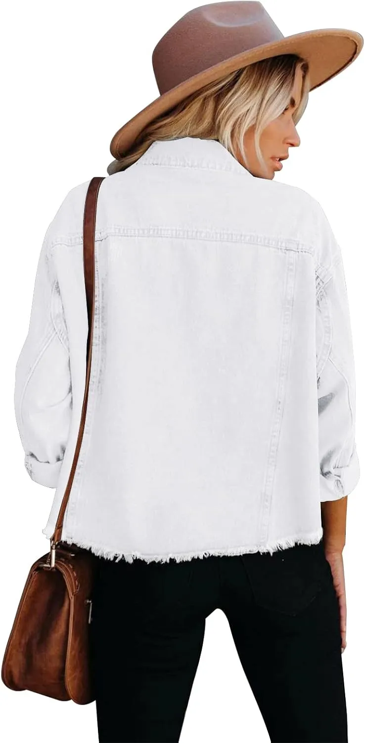 Jayscreate Women's Jean Denim Jacket Pockets Oversized Ripped Short Light Cropped Mini Lightweight Ladies Denim Jacket