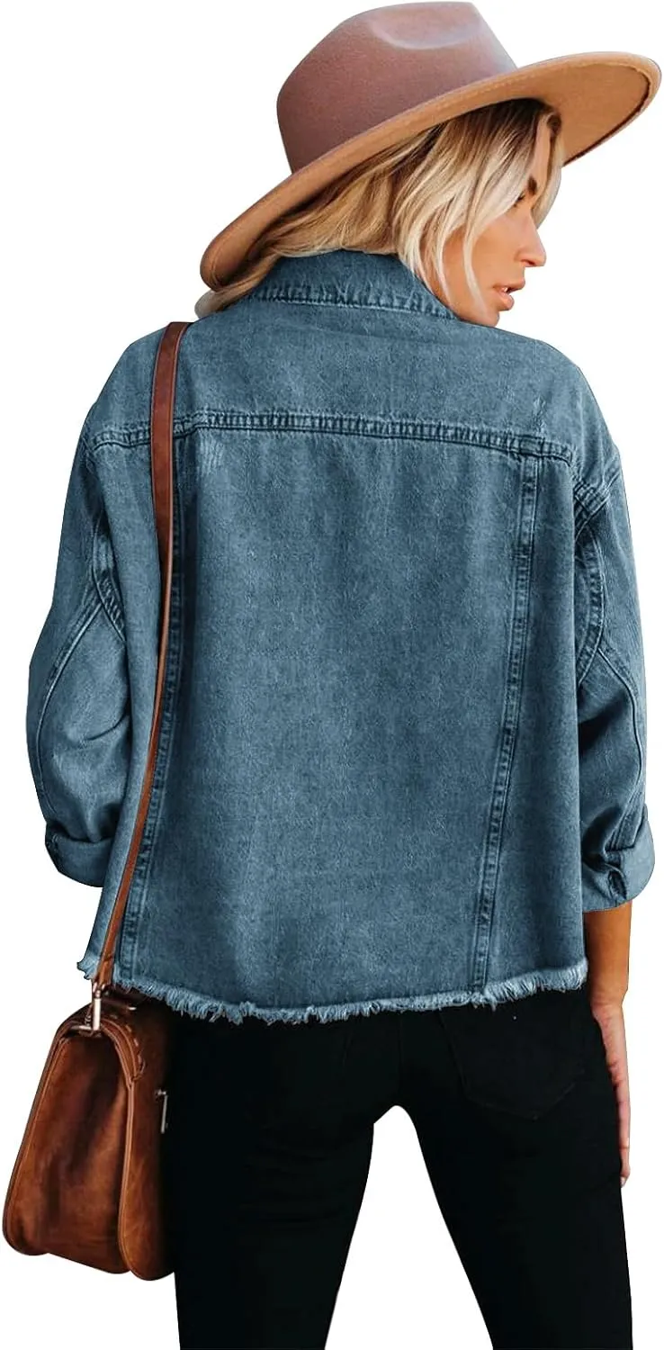 Jayscreate Women's Jean Denim Jacket Pockets Oversized Ripped Short Light Cropped Mini Lightweight Ladies Denim Jacket