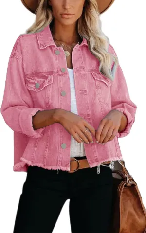Jayscreate Women's Jean Denim Jacket Pockets Oversized Ripped Short Light Cropped Mini Lightweight Ladies Denim Jacket