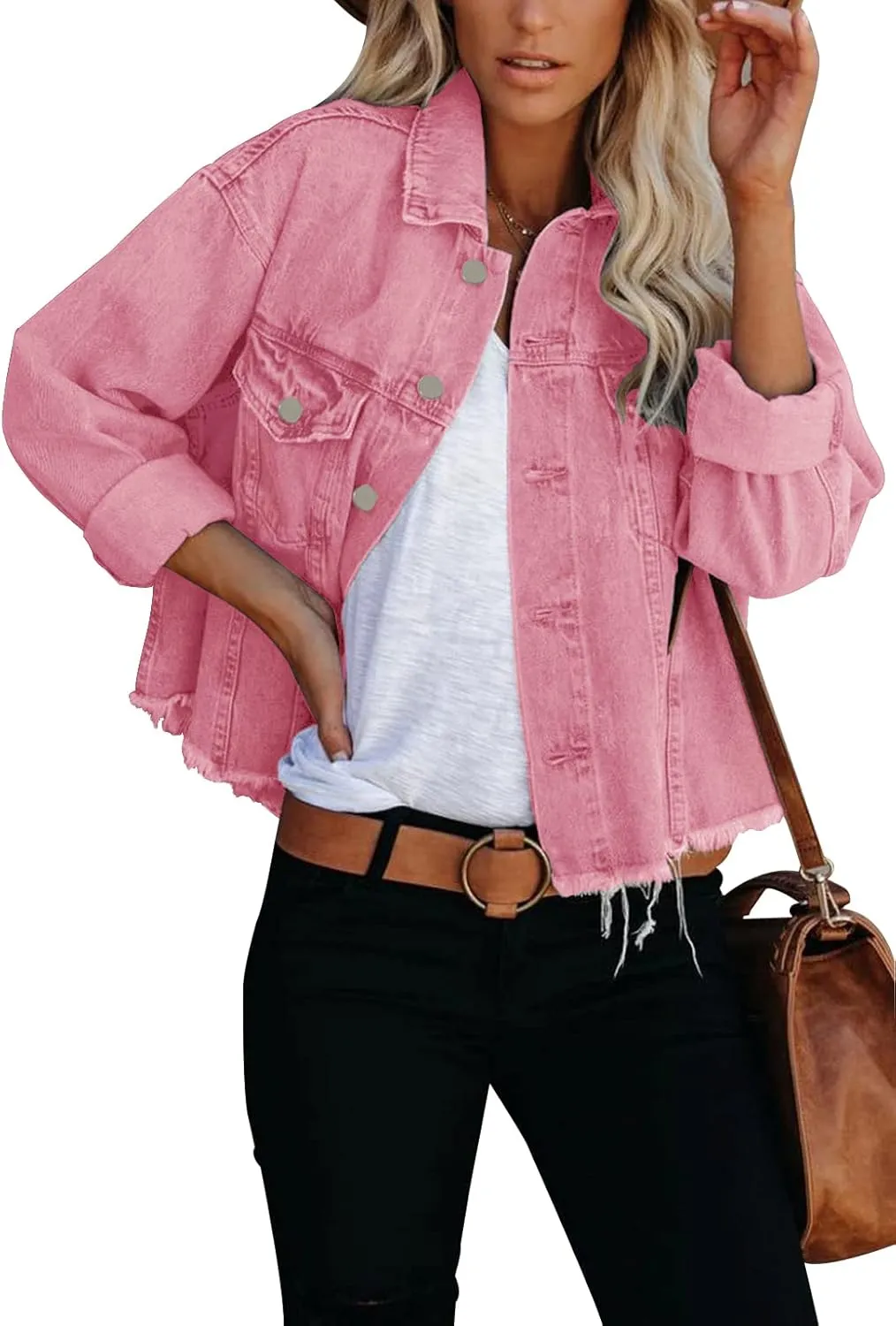 Jayscreate Women's Jean Denim Jacket Pockets Oversized Ripped Short Light Cropped Mini Lightweight Ladies Denim Jacket