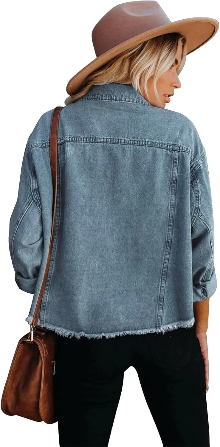 Jayscreate Women's Jean Denim Jacket Pockets Oversized Ripped Short Light Cropped Mini Lightweight Ladies Denim Jacket