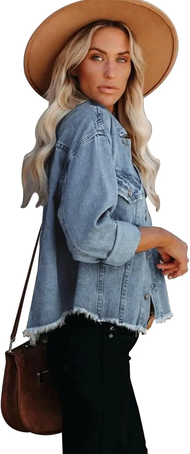 Jayscreate Women's Jean Denim Jacket Pockets Oversized Ripped Short Light Cropped Mini Lightweight Ladies Denim Jacket