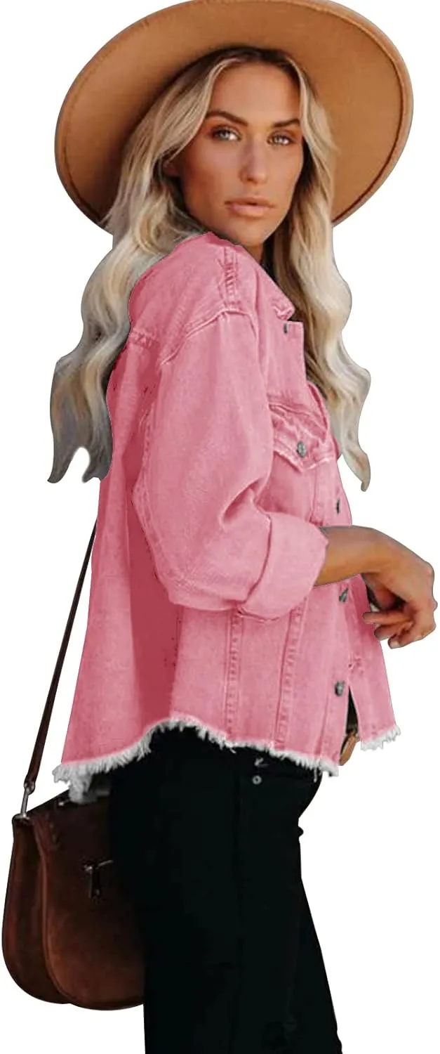 Jayscreate Women's Jean Denim Jacket Pockets Oversized Ripped Short Light Cropped Mini Lightweight Ladies Denim Jacket
