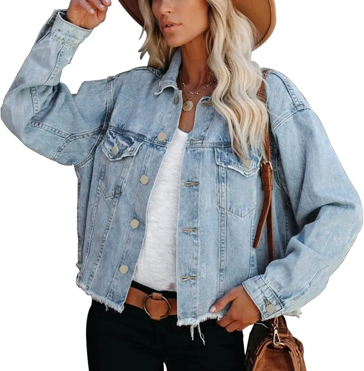 Jayscreate Women's Jean Denim Jacket Pockets Oversized Ripped Short Light Cropped Mini Lightweight Ladies Denim Jacket