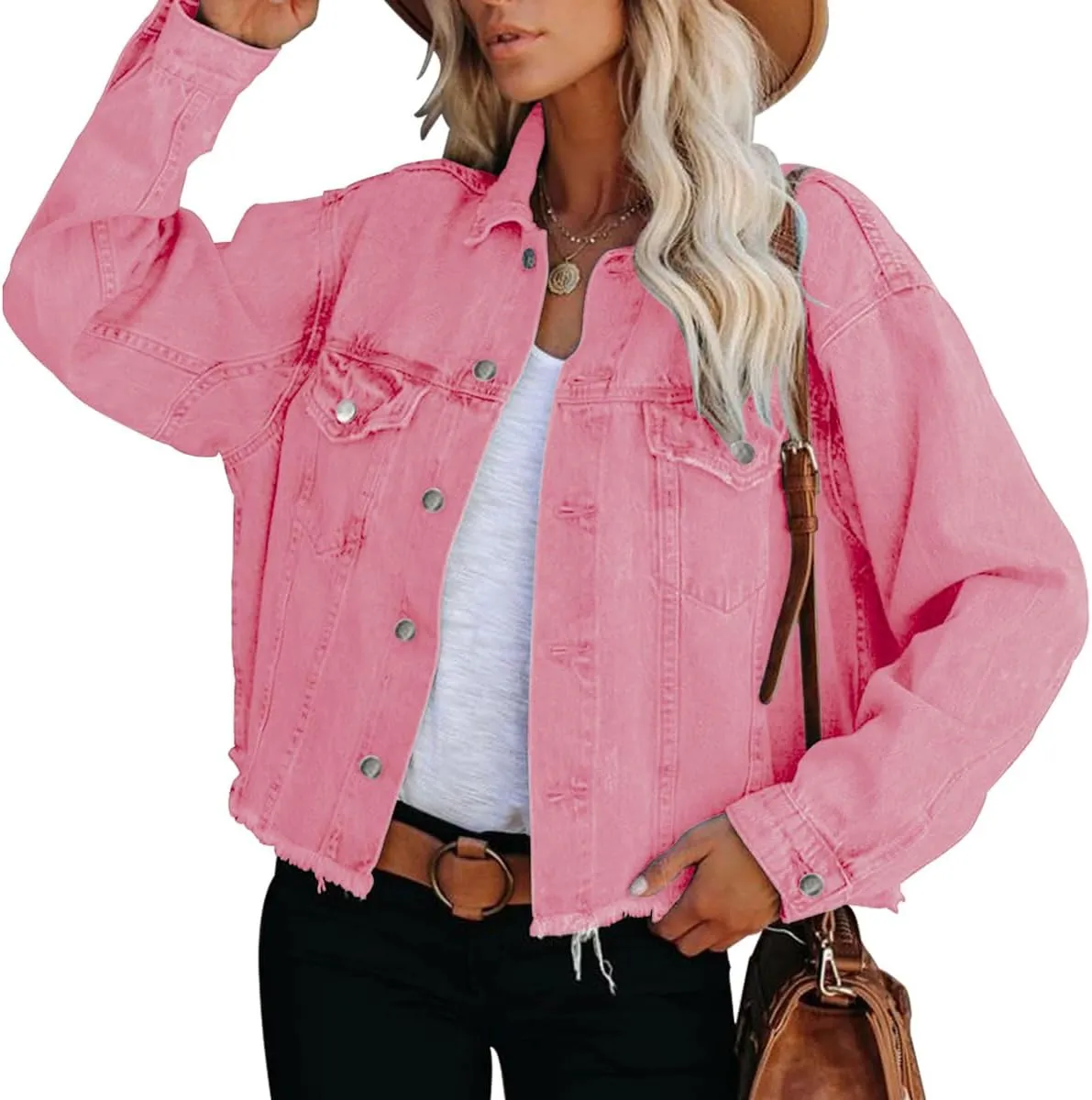 Jayscreate Women's Jean Denim Jacket Pockets Oversized Ripped Short Light Cropped Mini Lightweight Ladies Denim Jacket