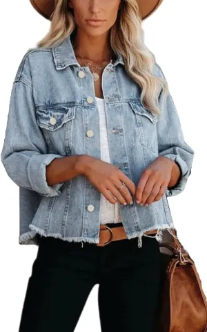 Jayscreate Women's Jean Denim Jacket Pockets Oversized Ripped Short Light Cropped Mini Lightweight Ladies Denim Jacket