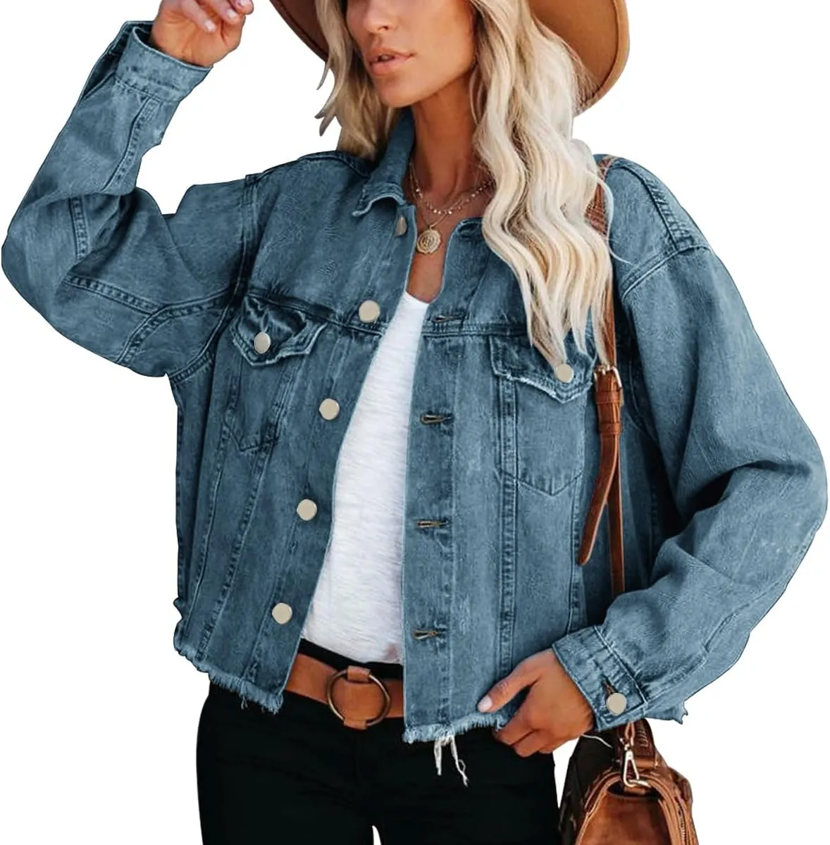 Jayscreate Women's Jean Denim Jacket Pockets Oversized Ripped Short Light Cropped Mini Lightweight Ladies Denim Jacket