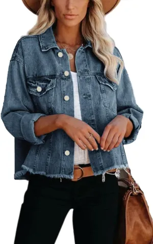 Jayscreate Women's Jean Denim Jacket Pockets Oversized Ripped Short Light Cropped Mini Lightweight Ladies Denim Jacket