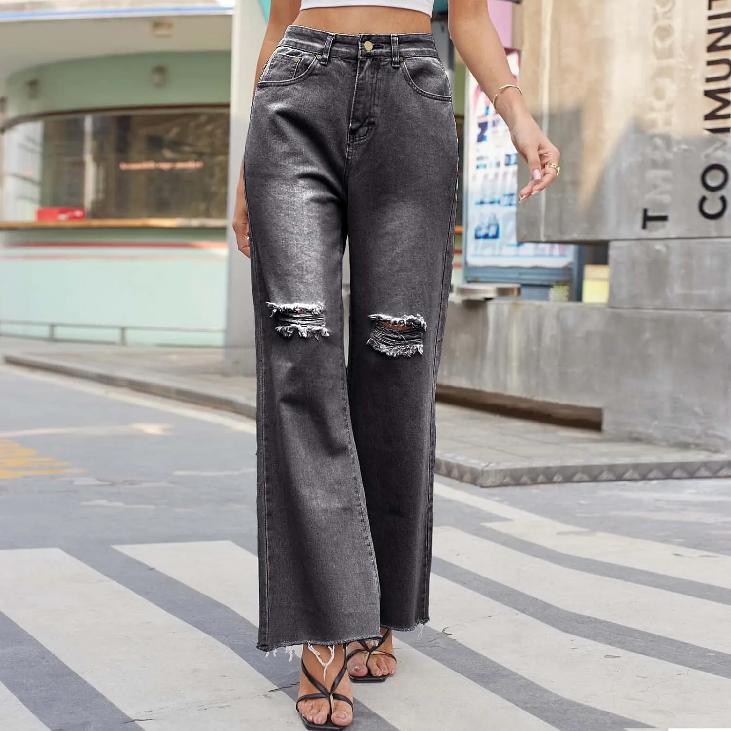Jeans for Women Distressed Wide Leg Cargo Denim Pants Frayed Raw Hem Baggy Bootcut Jeans Straight Leg Ankle Jeans