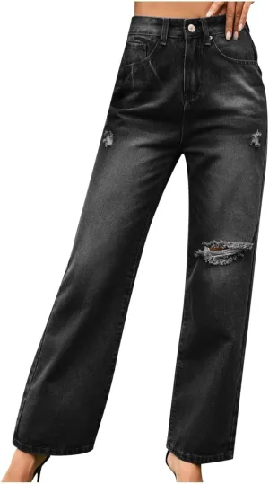 Jeans for Women Distressed Wide Leg Cargo Denim Pants Frayed Raw Hem Baggy Bootcut Jeans Straight Leg Ankle Jeans