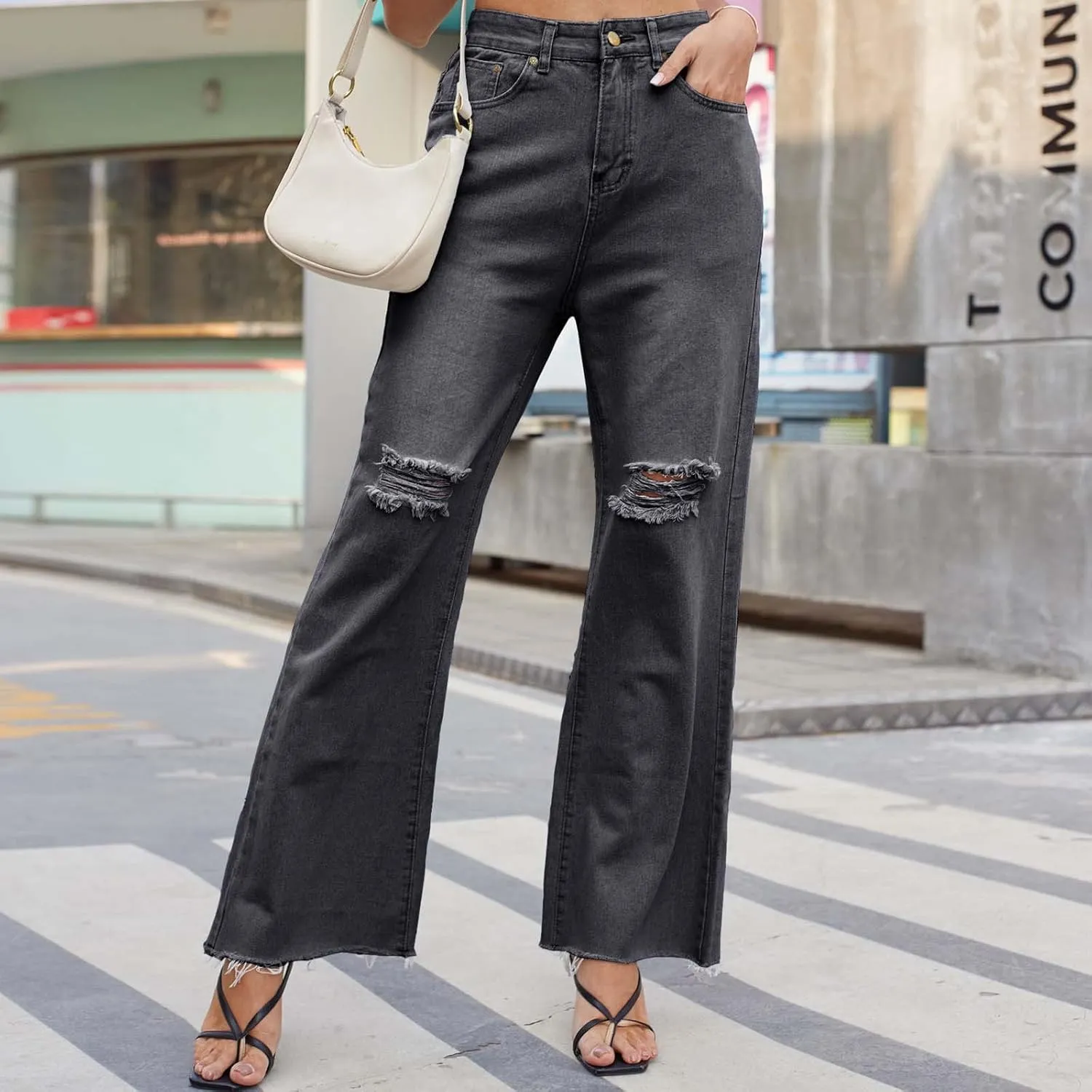 Jeans for Women Distressed Wide Leg Cargo Denim Pants Frayed Raw Hem Baggy Bootcut Jeans Straight Leg Ankle Jeans