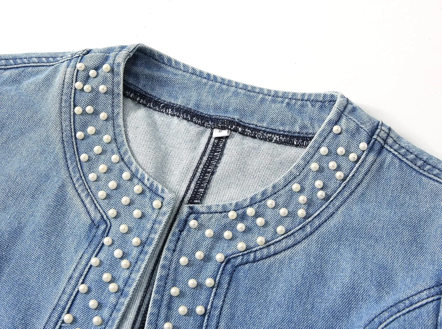 Kedera Women's Pearl Denim Jacket Long Sleeve Collarless Rivet Short Denim Coat with Pockets