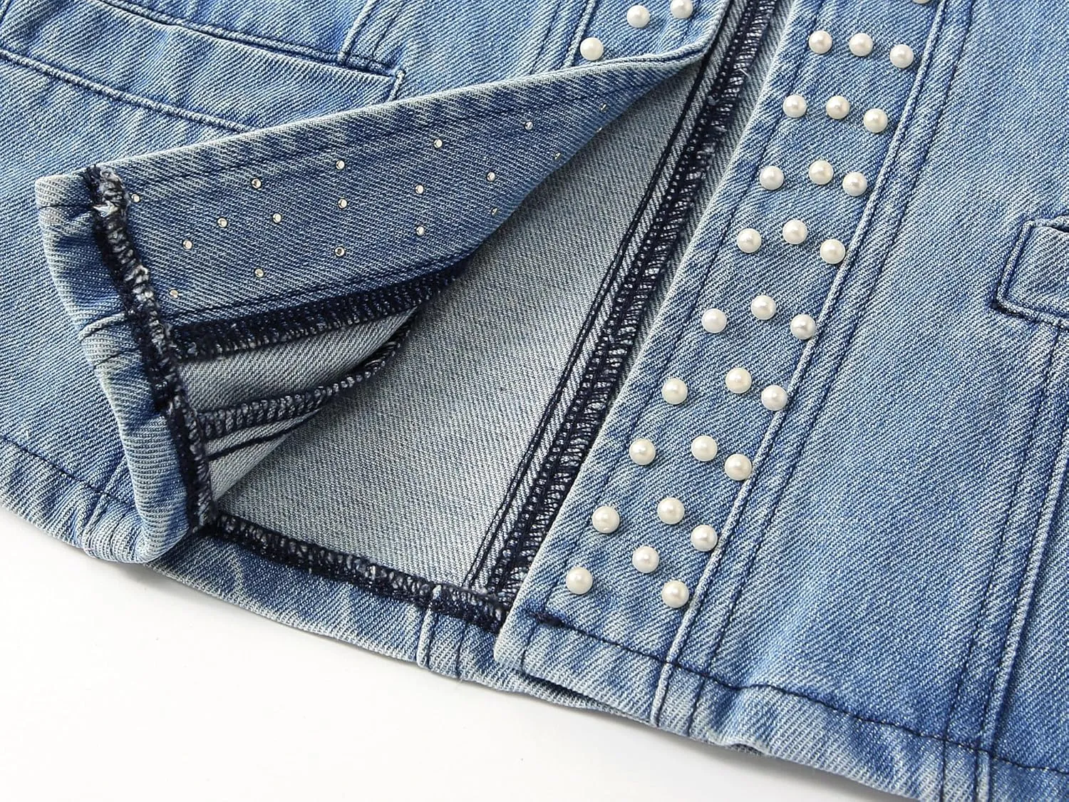Kedera Women's Pearl Denim Jacket Long Sleeve Collarless Rivet Short Denim Coat with Pockets