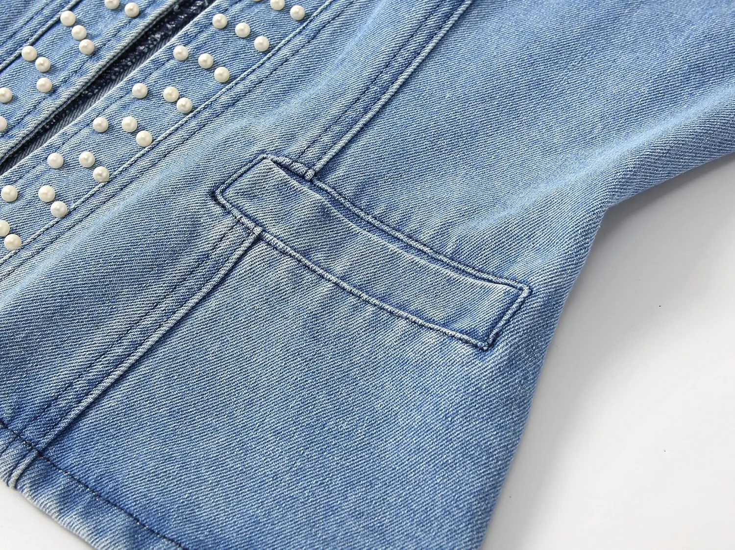 Kedera Women's Pearl Denim Jacket Long Sleeve Collarless Rivet Short Denim Coat with Pockets