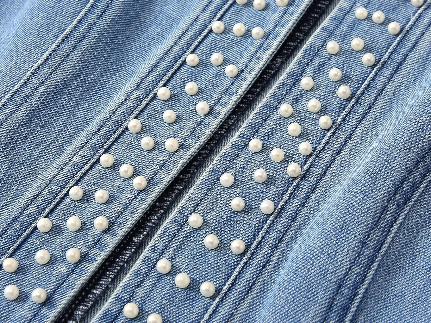 Kedera Women's Pearl Denim Jacket Long Sleeve Collarless Rivet Short Denim Coat with Pockets