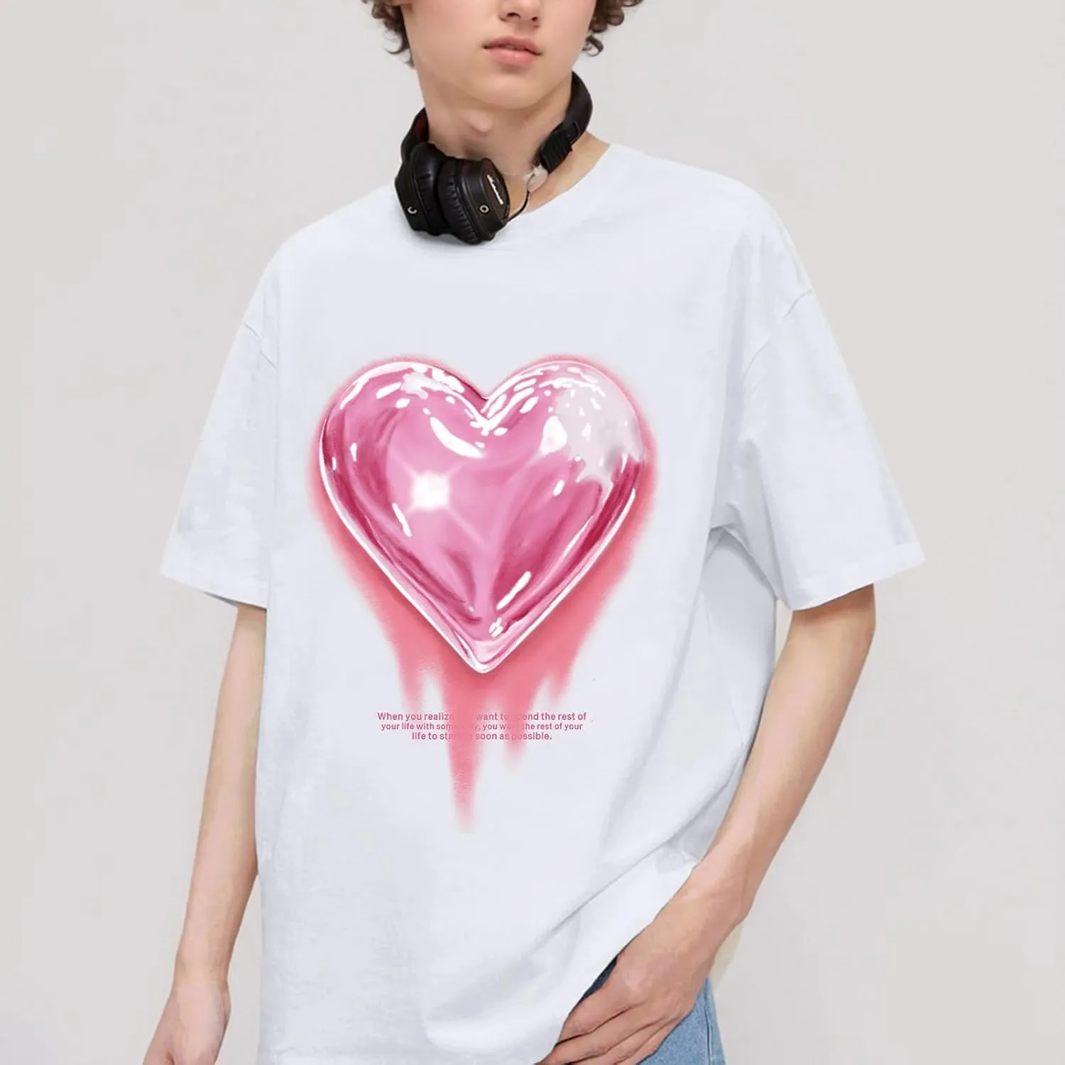 KIEKIECOO Oversized Graphic Tees for Women Cute Shirts for Teens Girls Casual Heart Shirt Men Cotton Tshirts Loose Fit