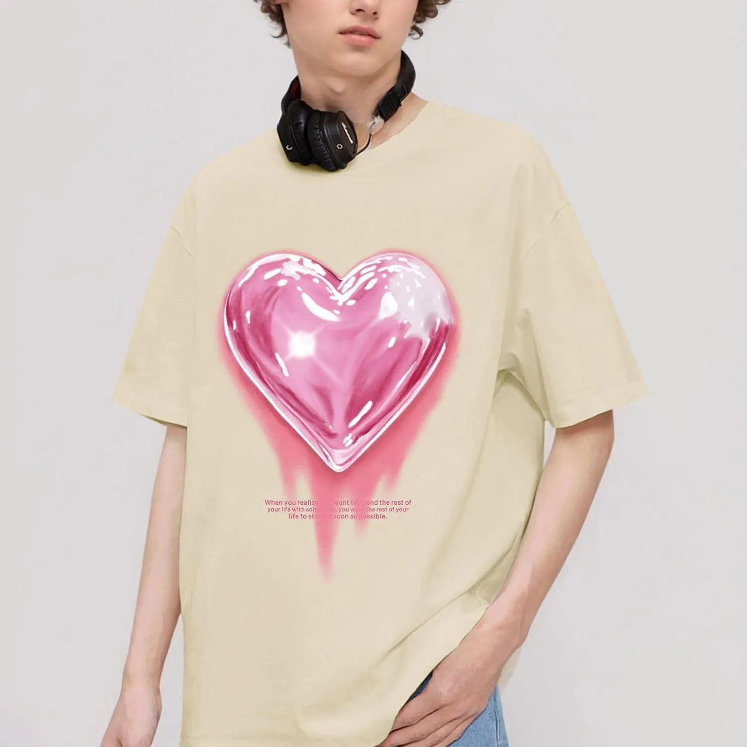 KIEKIECOO Oversized Graphic Tees for Women Cute Shirts for Teens Girls Casual Heart Shirt Men Cotton Tshirts Loose Fit