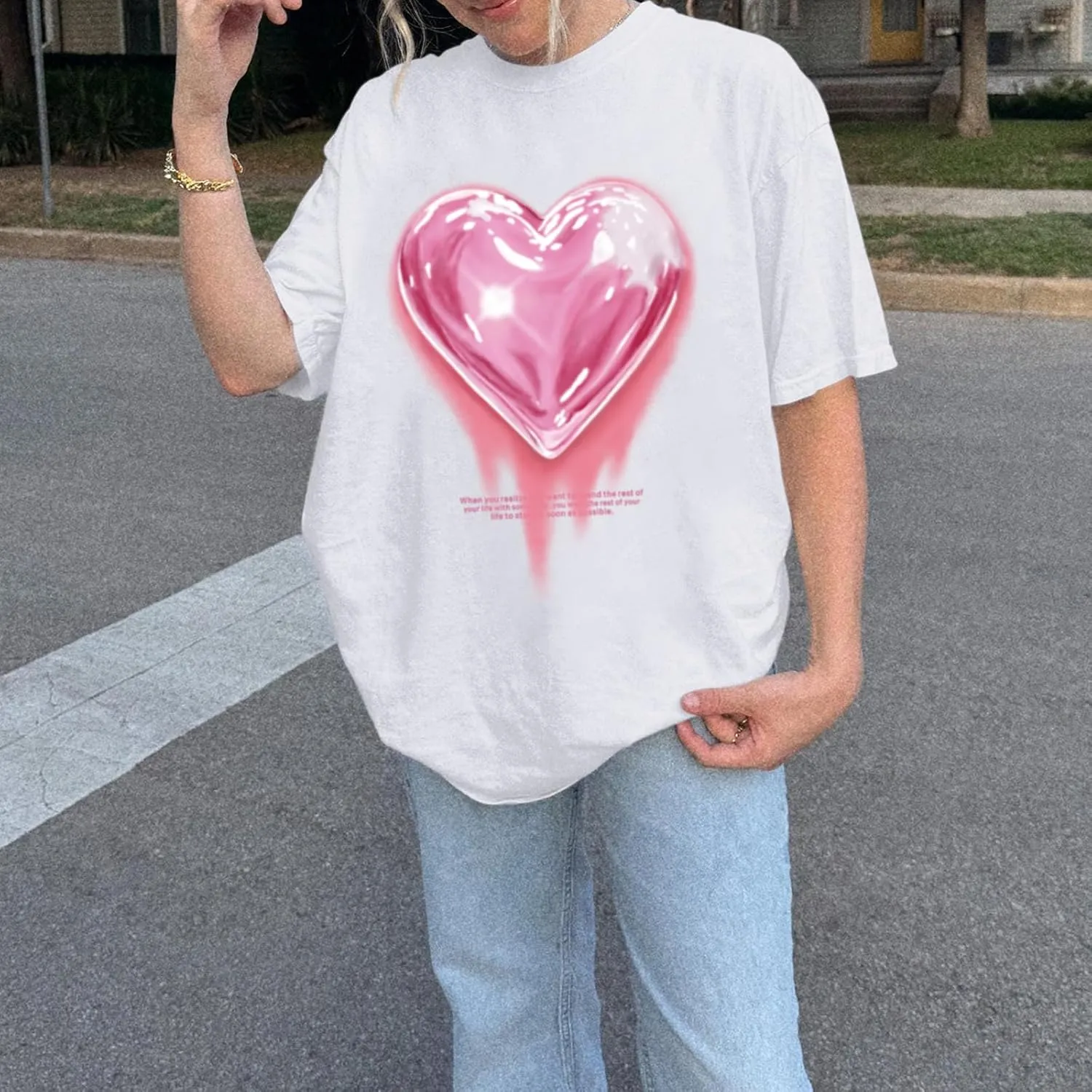 KIEKIECOO Oversized Graphic Tees for Women Cute Shirts for Teens Girls Casual Heart Shirt Men Cotton Tshirts Loose Fit