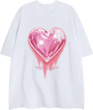 KIEKIECOO Oversized Graphic Tees for Women Cute Shirts for Teens Girls Casual Heart Shirt Men Cotton Tshirts Loose Fit